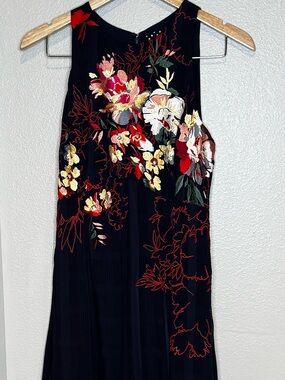 Anthropologie Tanzine Navy Midi Dress with Multicolor Floral Embroidery